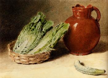 William Henry Hunt : Still Life With A Jug A Cabbage In A Basket And A Gherkin
